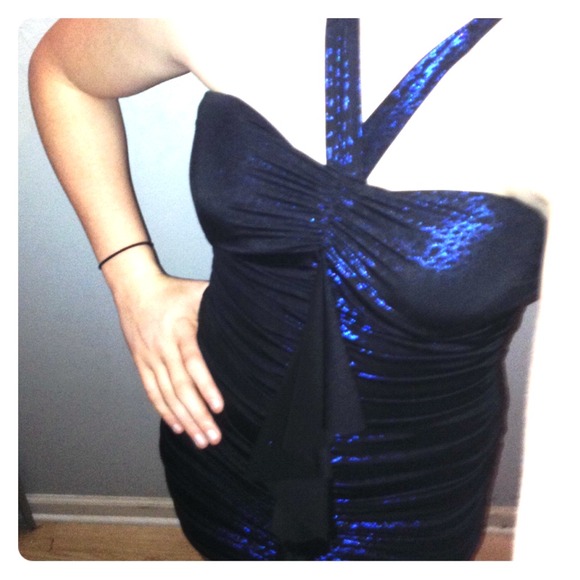metallic blue and black halter dress