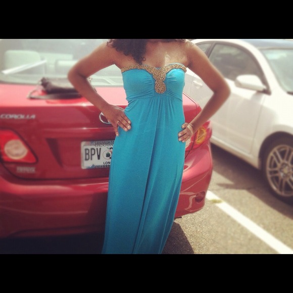 Long turquoise maxi dress with brown beading