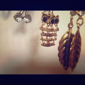 New Three set earring, stud, owl and leaves