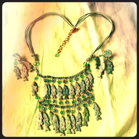 Blue fish necklace and earrings!