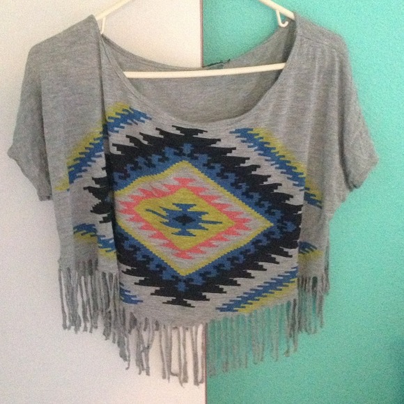 Aztec print flowy fringe crop top