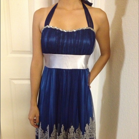 Formal blue halter top dress