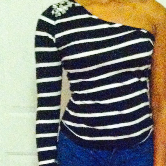 On sleeve black white stripped  bejeweled shirt