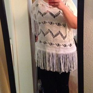 White crocheted, fringe poncho