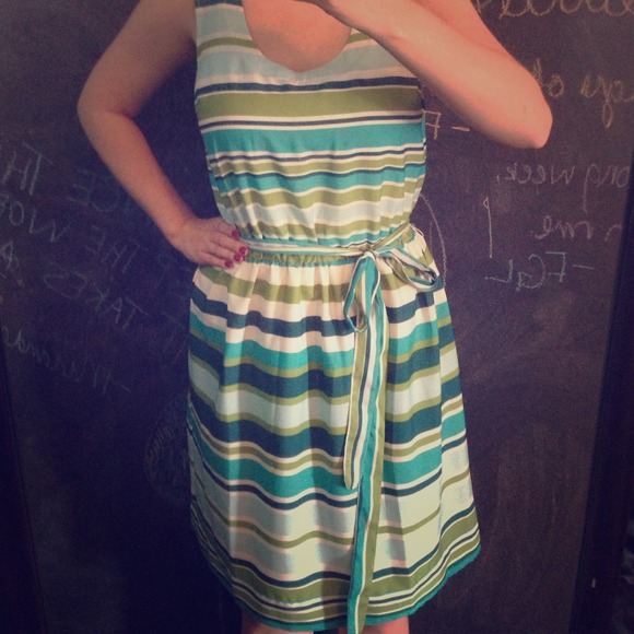 Blue/green Banana Republic Dress and red blazer!