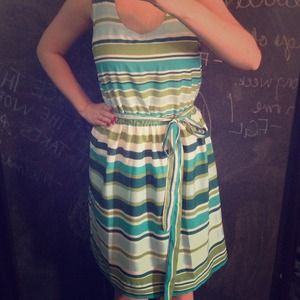 Blue/green Banana Republic Dress and red blazer!