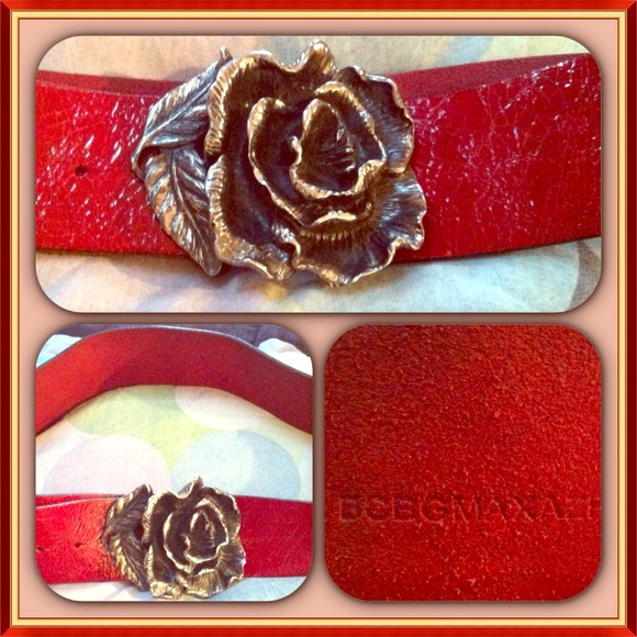 🎀❤Cherry Red Leather belt with Silver Rose buckle - Picture 1 of 1