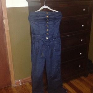 BeBe denim, strapless jumpsuit. Gold buttons.
