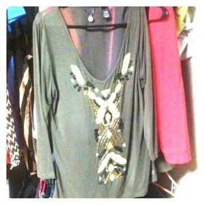 Army green sheer embellished BKE boutique blouse