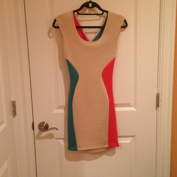 Light beige, teal, and peach fitted dress