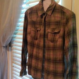 Olive green and pink plaid flannel