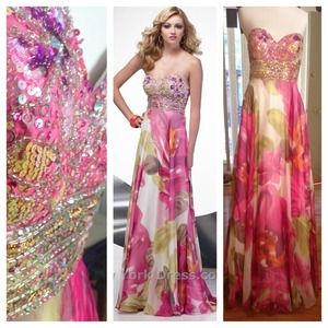ALYCE DESIGNS PINK FLORAL CHIFFON DRESS W SEQUINS