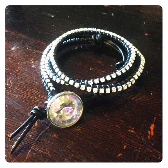 Black Leather Bracelet with Crystals