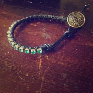 Black Leather & Blue Jewel Bracelet