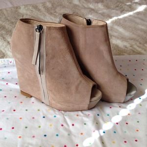 Taupe Zara suede booties w/ grey leather detail.