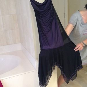 Asymmetric strapless purple sheer dress