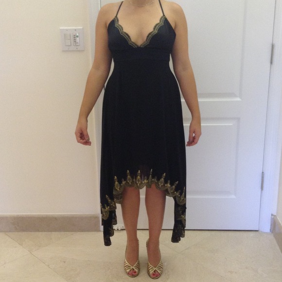 Asymmetric bottom, gold embroidered juniors dress