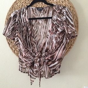 Brown and pink tie blouse