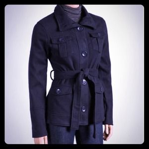 Navy Blue Tie-Waist Fleece Coat