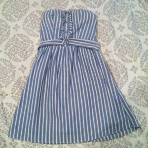 Strapless blue and cream striped dress