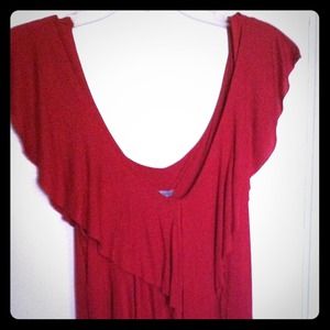 Red long ruffled cotton blouse