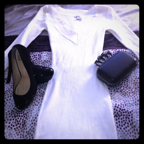 Cream Plunging V neck sweater Dress