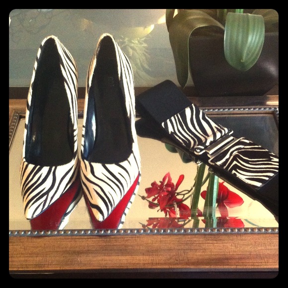 Zebra red bottom shoes with matching zebra belt
