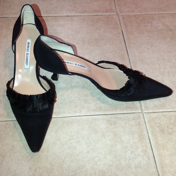 Manolo Blahnik Black Satin Pleated Trim D'Orsay