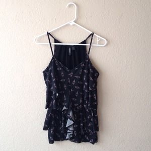 Black, ruffled, peacock feather tank top