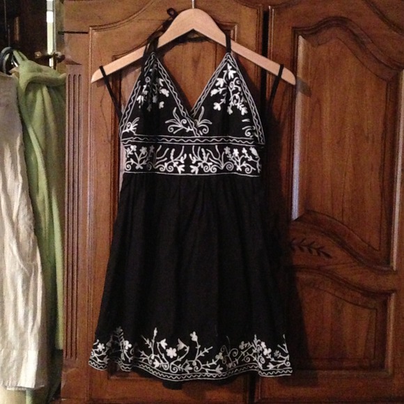 Black halter with white embroidery