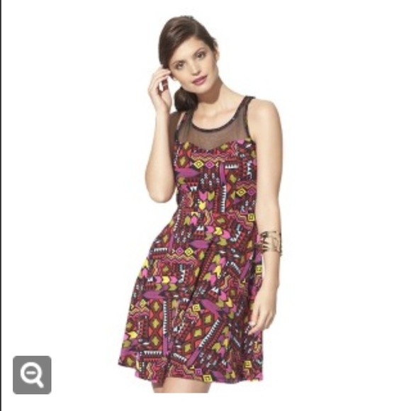 Juniors Mesh Neck Fit & Flare Dress Black Aztec