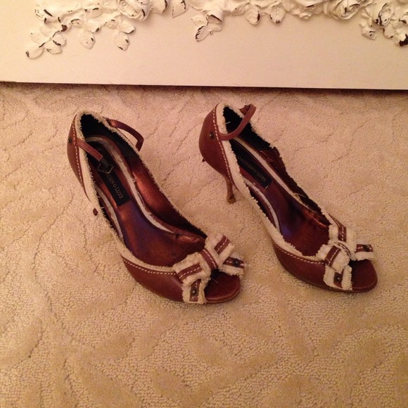 Dark brown and ivory peep toe heels