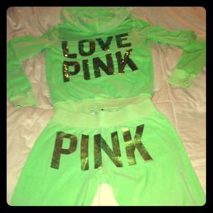 VS "PINK" LIME GREEN VELOUR SWEATSUIT