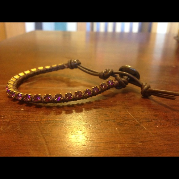 Brown Leather & Purple Jewel Bracelet