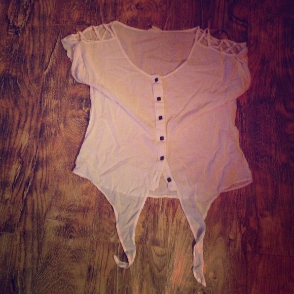 White button up shirt with tie at the bottom