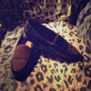 Chocolate leather, crocodile print suede slip on