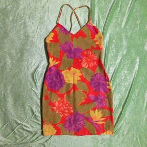 Vintage Orange Pink & Gold Neon Floral Sun Dress Vintage Orange Pink & Gold Neon Floral Sun Dress