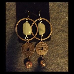 Handmade, jade & brass coins earrings