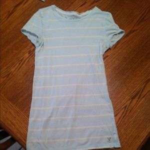 AE aqua with tan and white striped shirt