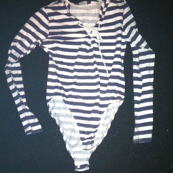 blue & white strip body suit