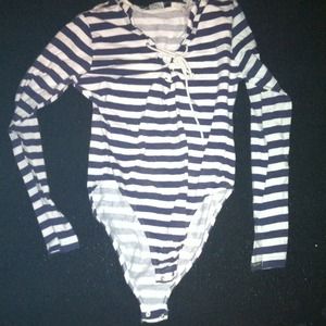 blue & white strip body suit