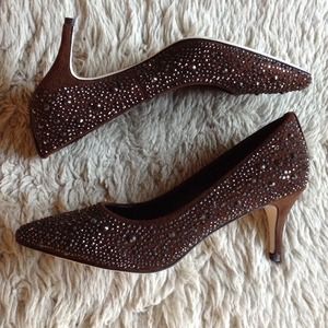 💎4XHP💎Rhinestone Brown Chocolate Leather Pumps Heels