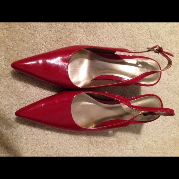 Red patent leather sling back heels