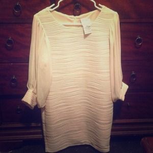 J.Taylor cream rippled dress w/sheer sleeves