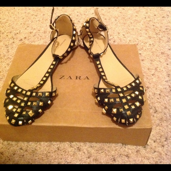 SOLD Zara Studded Black Leather T-Strap Flats-SOLD - Picture 1 of 4