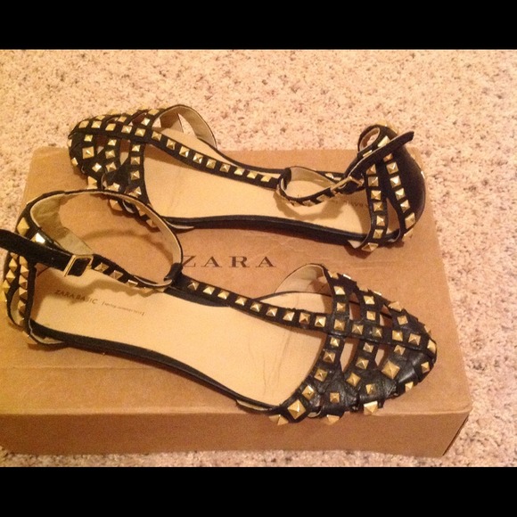 SOLD Zara Studded Black Leather T-Strap Flats-SOLD - Picture 3 of 4