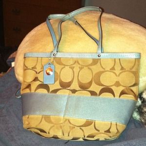 Tan and blue coach bag