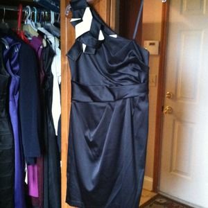 One shoulder black & white satin cocktail dress