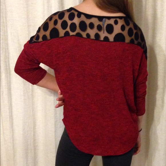 Red 3/4 length sleeve top with mesh polka dot top - Picture 2 of 2