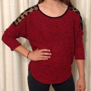 Red 3/4 length sleeve top with mesh polka dot top